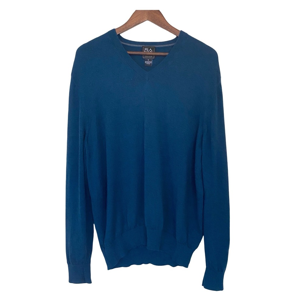 Jos A Bank Traveler Mens XL Blue V-Neck 100% Merino Wool Pullover Sweater